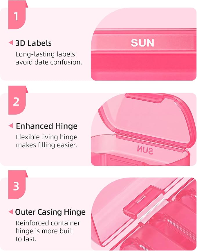 PULIV Weekly Pill Organizer with Large Capacity, Dual Protection Pill Box 7 Day, Arthritis Friendly Pill Case Easy to Open, Medicine Organizer for Vitamins, Medications, Fish Oils, Supplements (Pink)