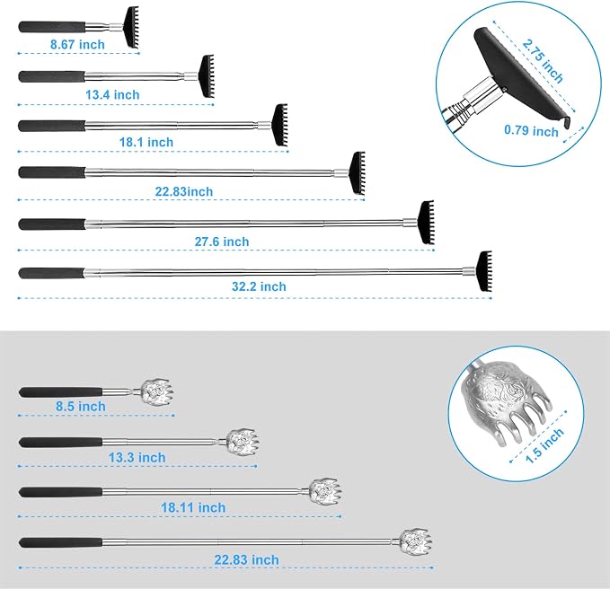 Oversized Back Scratcher Set, 2 Pack Portable Extendable Stainless Steel Telescoping Massage Tool, Gift/Stocking Stuffers for Men Women