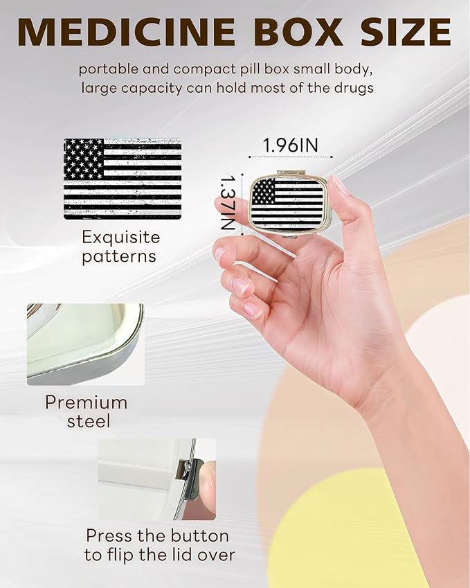 LRITER Pill Case, 2 Compartment Portable Small Travel Pill Organizer for Purse and Pocket, Stylish Medicine Case with Multiple Patterns, Daily Pillbox for Home & Travel (Flag)