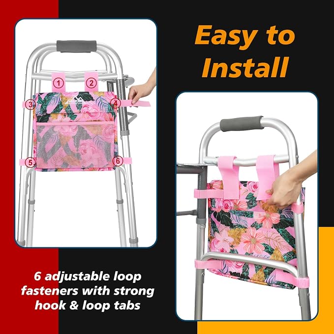 supregear Walker Side Bag, Water Resistant Accessory Basket Pouch for Folding Walkers, Lightweight Hand Free Storage Carrier Tote, Universal Size Seniors Caddy Attachment, Pink Floral