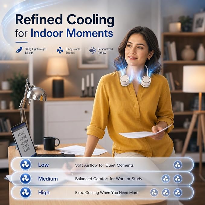 Cooling Neck Fan with Cooling Plate, Hands-Free Rechargeable | 8.8 oz wearable personal fan, adjustable airflow, 3 speeds, USB rechargeable; ideal for commuting, office and outdoor use