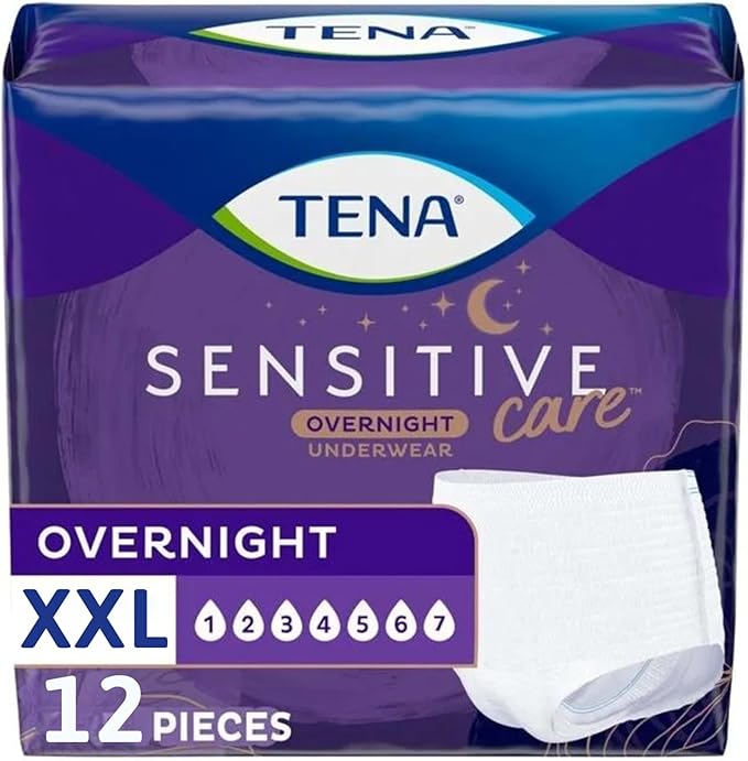 TENA Sensitive Care Overnight Incontinence Underwear for Women, XXL, 12 Count (Waist size 47in to 66in)
