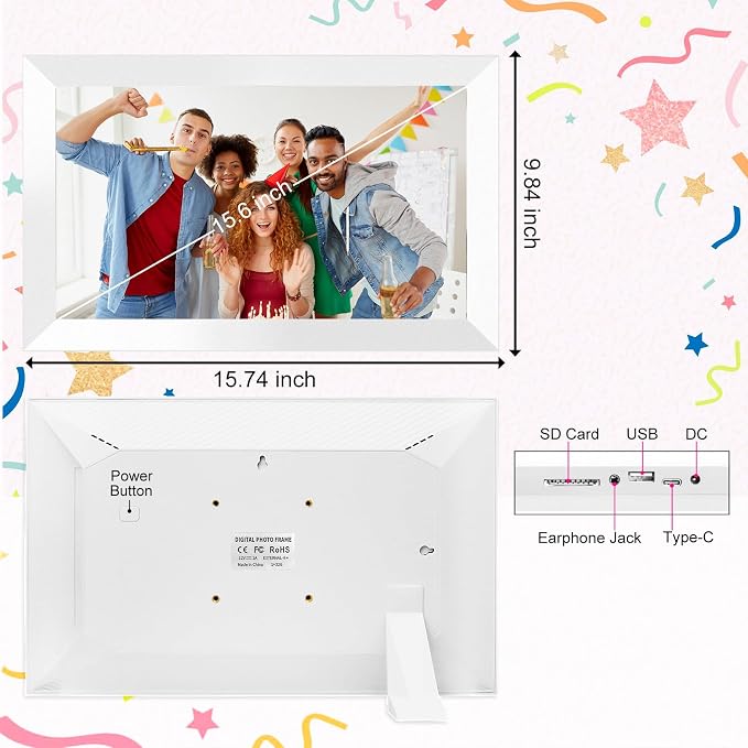 Digital Picture Frame 15.6 Inch Large Frameo Digital Photo Frame，32GB, 1920 * 1080 IPS HD Touch Screen, Electronic Picture Frame IPS Touch Screen with Auto-Rotate, Frameo Digital Frame WiFi(White)