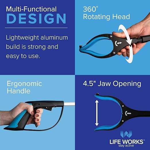 LIFE WORKS Reacher Grabber Tool, 360° Rotating Head, 4.5” Jaw Opening, Ergonomic Handle, Folds for Storage, Aids in Reaching Items High or Low, Surgery Recovery, Hip Replacement (2 Pack)
