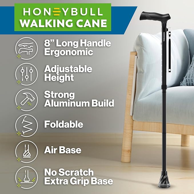 HONEYBULL Walking Cane for Men & Women – Foldable, Adjustable, Lightweight Cane with Air Cushion Tip for Stability & Ergonomic Grip, Heavy Duty Walking Sticks for Seniors