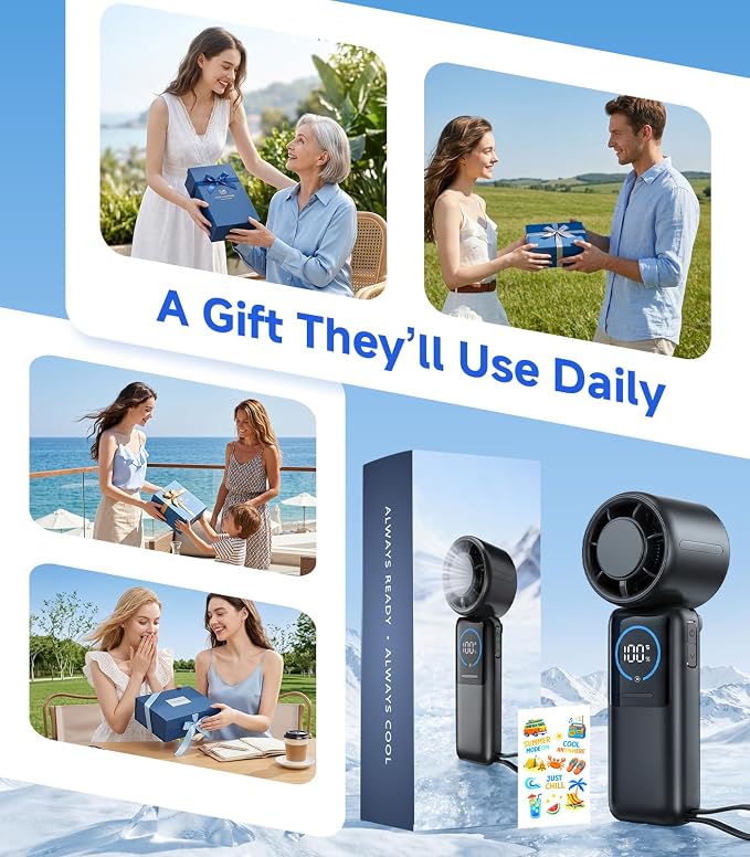 Turbo Handheld Portable Fan, 15000mAh Rechargeable Personal Fan | 100-speed Turbo Airflow up to 15m/s, up to 40H Runtime, Built-in Type-C 5V/2A Output, Display and Foldable Carry for Gift