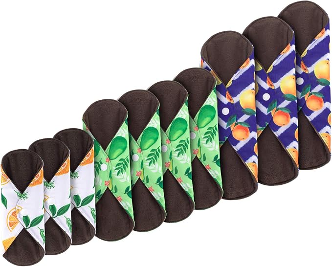 Teamoy Reusable Menstrual Pads, Cloth Sanitary Pad, Panty Liners, Lemon | Washable Pads with Charcoal Absorbency Layers, Soft and Comfortable, 10 Pcs Pad with 1 Wet Bag, 3pcs×7.9"+4pcs×10"+3pcs×11.6"