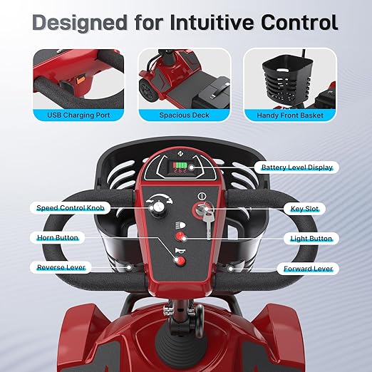 Hoverfly T4 Mobility Scooter for Seniors, Max 12.4-Mile Range & 3.7 mph, 3-Position Seat & Anti-slip Rear Wheel, Removed Battery&Quick Fold Design, Solid 9" Tire &330 lb Capacity, Ease of Assembly Red