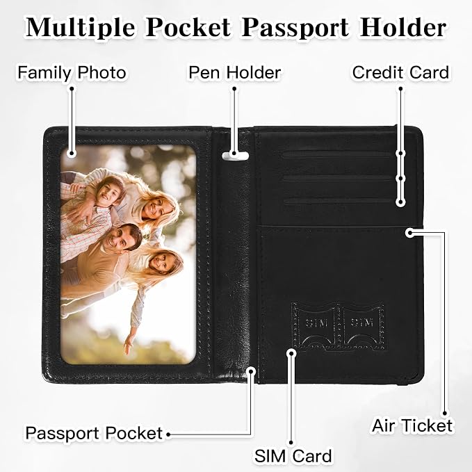 Passport Holder for Travel, RFID Blocking Passport Cover with Pen Holder Leather Passport Wallet Case Travel Must Haves Accessories Passport Book Card Holder for Family Travel Essentials Gifts, Black