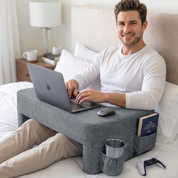 Septsun 26" Extra Wide Lap Desk Pillow, Laptop Desk for Couch and Bed | Modern Gray Large Soft Foam Workstation with Ergonomic Armrest Elbow Relief; Mouse-ready Fabric, Cup Holder, Sofa Gaming