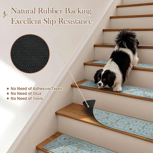 OJIA Insect Stair Treads Non-Slip Stair Runners for Wooden Steps 4PC 30"x8" | Indoor Stair Runner Carpet Stair Treads Mats Staircase Step Treads for Kids & Dogs, Stair Covers, Blue