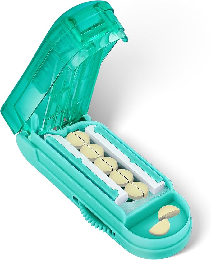 Pill Cutter Splitter for Small and Tiny Pills, Pill Cutter for Multiple Pills at a Time with Centering Device and Stainless Steel Blade (Cyan)