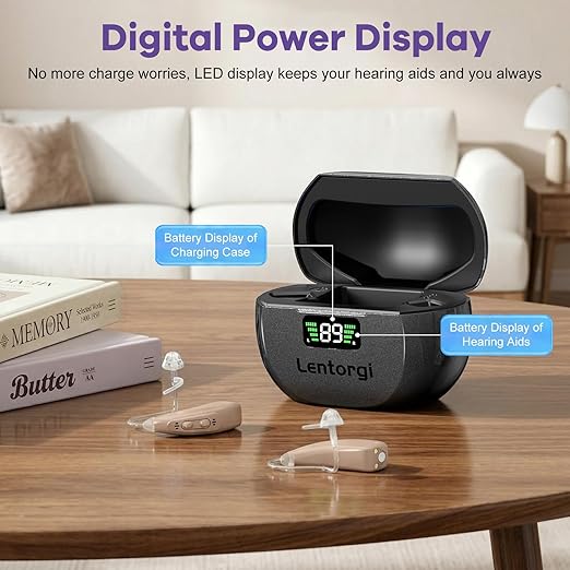 Hearing Aids with UV Cleaning Light, Rechargeable OTC Hearing Aids for Seniors and Adults, Noise Reduction, Battery Level Display, Premium Speech Clarity - Beige