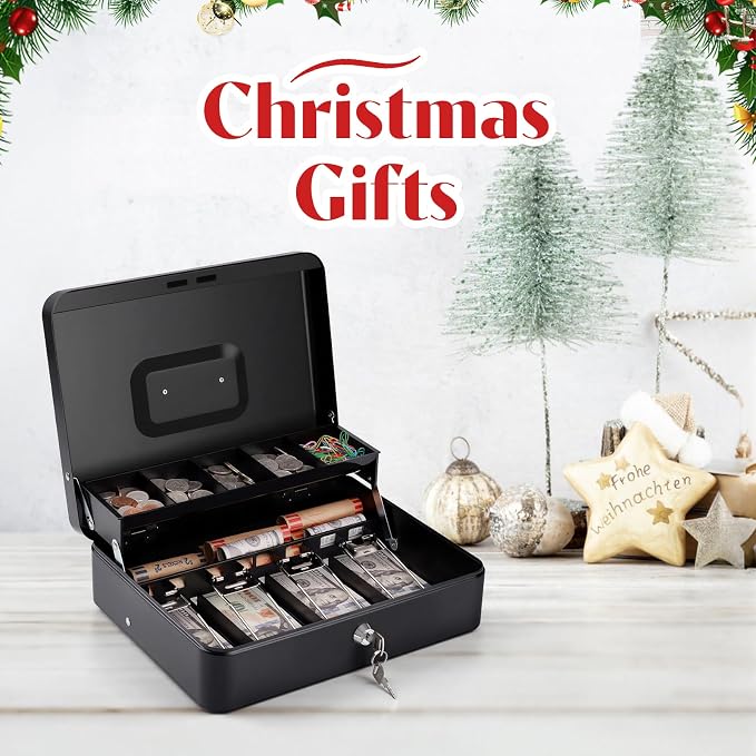 Sumerfnt Cash Box with Money Tray and Lock Money Box for Cash, Metal Locking Cash Box - 11.8" x 9.4" x 3.54" Black