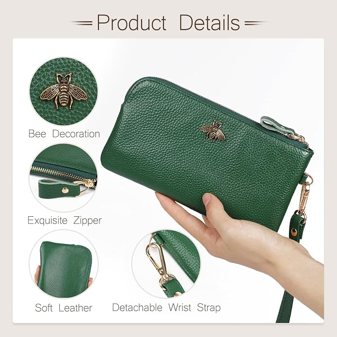 imeetu Wristlet Wallets for Women, Wristlet Clutch Purse, Phone Wallet | Genuine Leathe Wallet Women, Lightweight Water-resistant Long Wallet with Wrist Strap, Zip Coin Pocket, Gift Box, Bee Decor