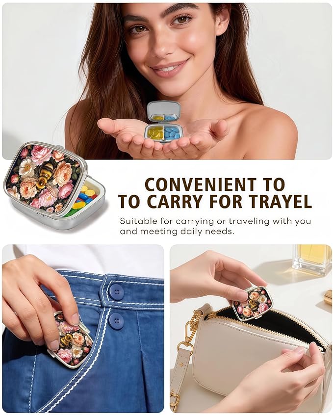 LRITER Pill Case, 2 Compartment Portable Small Travel Pill Organizer for Purse and Pocket, Stylish Medicine Case with Multiple Patterns, Daily Pillbox for Home & Travel (Bee)