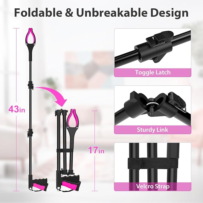 43" Foldable Grabber Reacher Pickup Tool for Seniors, Pink | 360° Rotating Jaw, Two Magnets, Extra Long Trash Picker Upper, Lightweight for Elderly, Indoor & Outdoor