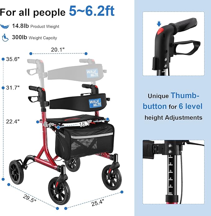 WALK MATE Rollator Walker for Seniors with Cup Holder, Upgraded Thumb Press Button for Height Adjustment, 4 x 8 Wheels Walker with Seat Padded Backrest Folding Lightweight Walking Aid, Red