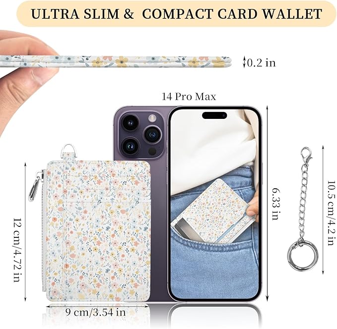 Hancynir White Floral Small Wallet Women Credit Card Holder, RFID Slim | Zipper Keychain Wallet, Travel Coin Front Pocket, Ladies Women Gifts, Thin Minimalist Card Case, 6 Card Slots, PU Leather