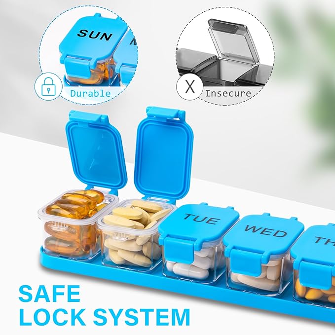 Extra Large Weekly Pill Organizer - Waterproof 7-Day Pill Box, Portable Vitamin & Supplement Case, Easy to Open Design, Ideal for Travel a nd Daily Medication Management (Blue)
