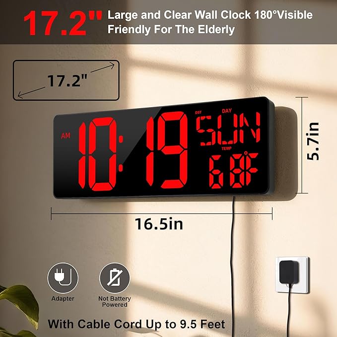 17.2"Large Digital Wall Clock Large Display with Remote Control 180°Visible | Timer with Temperature Date Week Auto DST Adjustable Brightness, for Living Room Classroom Garage Gym Gift for Senior Mom Dad