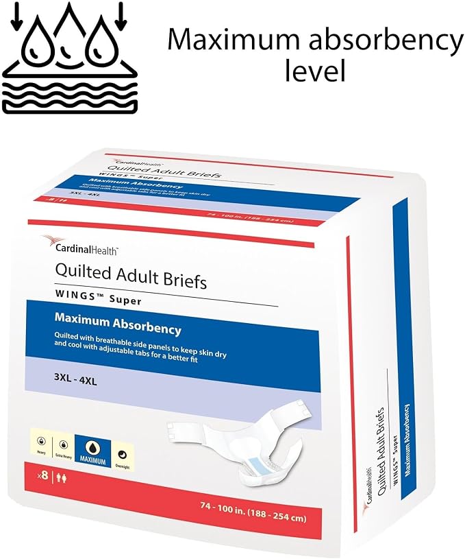 Cardinal Health™ Quilted Adult Briefs, Wings™ Super with BreatheEasy™ Technology, Maximum Absorbency, Bariatric - Bag of 8 | Disposable Incontinence Diaper, Refastenable Tabs, Men or Women, Size 3XL