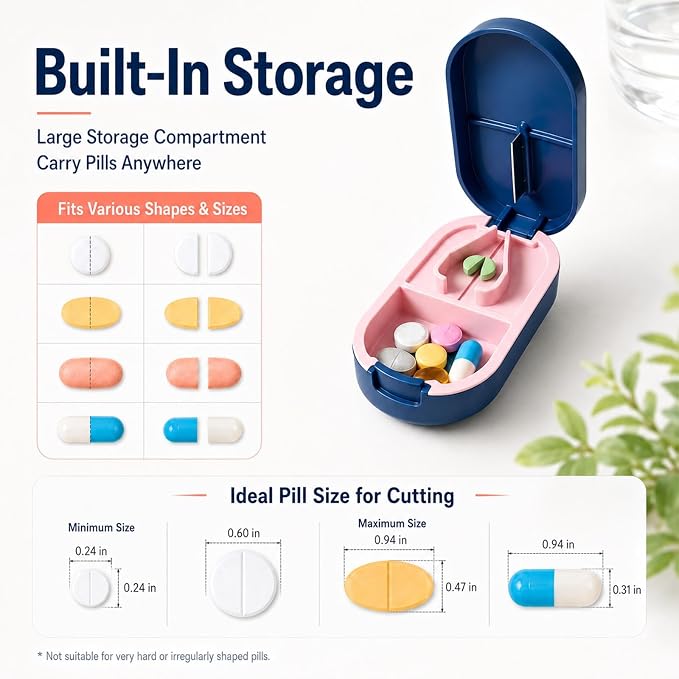 Pill Cutter Splitter for 1/2 Cuts, Small Tablets and Vitamins, Easy-Open Button, Built-in Storage, Shielded Stainless Steel Blade, Portable Tablet Splitter(Blue)