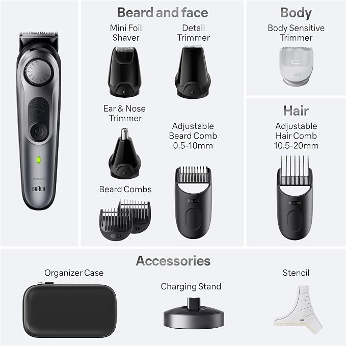 Braun All-in-One Style Kit Series 7 7410, 8-in-1 Trimmer for Men with Beard Trimmer, Body Trimmer for Manscaping, Hair Clippers & More, Sharpest Blade, 40 Length Settings, Waterproof
