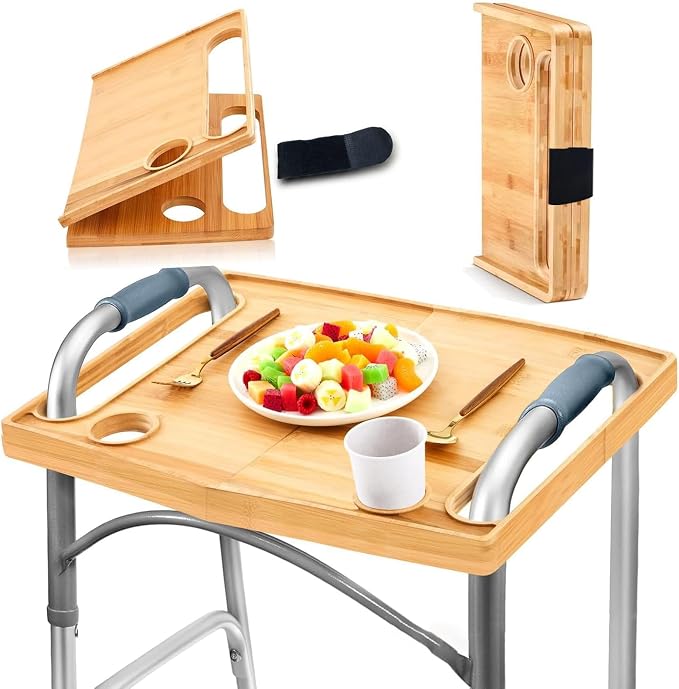Walker Tray 21x15in Bamboo Table Cup Holder Folding | 21x15 inch bamboo walker tray, dual cup holders, strap for folding walker, raised lip anti-spill, portable