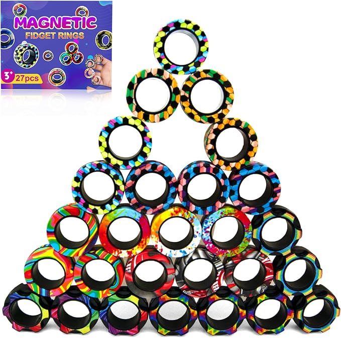 27 Pcs Magnetic Rings Fidget Toys Set Christmas Decorations Finger Magnet Rings ADHD Anxiety Fidget Spinner Rings for Relief Birthday Present for Adults Teens Kids