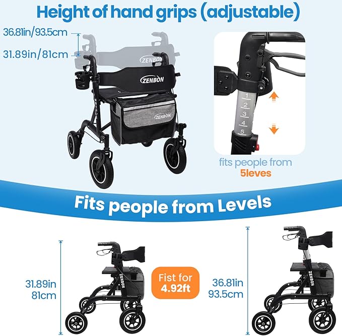 Rollator Walker for Seniors/Adults Foldable Rolling Walker with Seat 330 lbs Capacity 10 inch Wheels Hand Grips Adjustable Height Lightweight Aluminum Walker Removable Back Support 7210(Black)