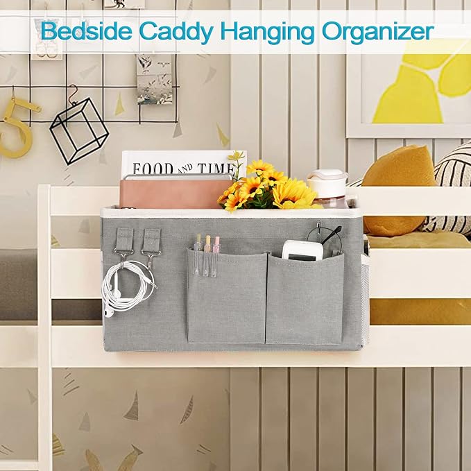 Bedside Caddy, Bedside Storage Bag Hanging Organizer for Bunk Dorm Bed Rail | Bed Caddy with Hooks, Top Bunks and Dorm Essentials for Water, Tissues, Tablets, Books, Phones, Remotes and Other Necessories