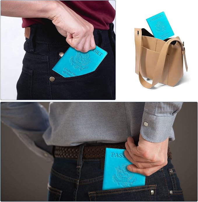 Passport Holder Cover Wallet Case RFID Blocking Leather Card Slot Travel Accessories Documents Organizer Protector for Women Men, Sky Blue