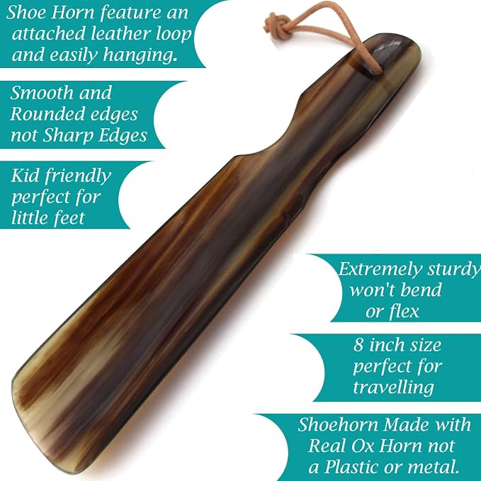 5MOONSUN5 Shoe Horn Made with Real Horn Handmade. Easy Grip Handle Shoehorn for Men,Women Seniors, Pregnancy, Elderly, Back Pain, Kids Shoes & Boots. Best Gift Idea Home or Travel Use.(8'')