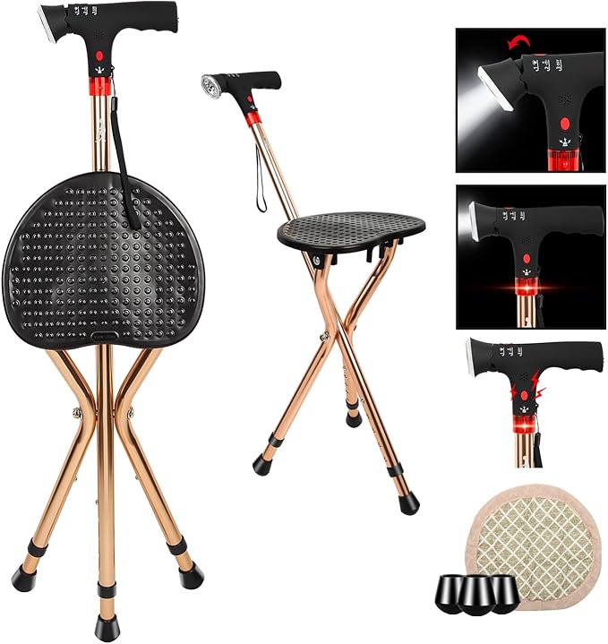 Cane with Seat for Men 220 lbs Capacity, Height Adjustable Foldable Stick Chair Cane and Stool Dual-use with LED Flashlight, Warning Light and Alarm for Elderly and Adults.