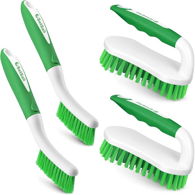 SetSail Scrub Brush, Stiff Bristle Cleaning Scrubber, 4 Pack(Green) | Durable Bristles Ergonomic Non-Slip Tpr Grip. U-Style Hanging Loop for Storage. Use for Shower, Tub, Tile, Kitchen, Carpet.