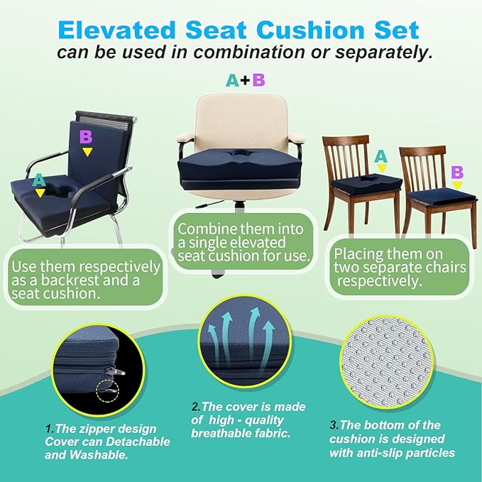 Gel Wheelchair Seat Cushion,Bed Sore Cushions for Butt,Sciatica,Coccyx,Pressure Sore & Ulcer Pain Relief Butt Pillow for Office Chair,Removable&Washable (Thickened&Support-Enhanced Set Blue)