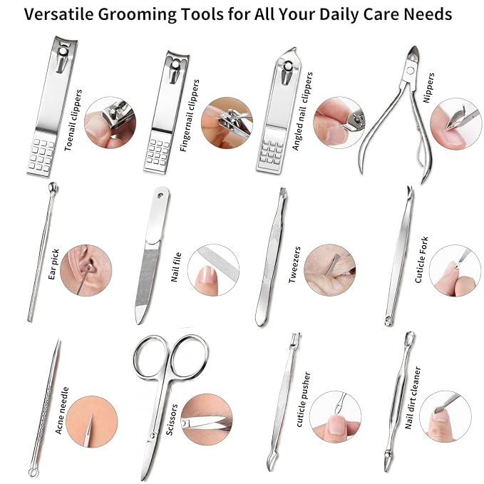 Manicure Set, Stainless Steel Nail Clipper Set with Luxurious Travel Case | 12-Piece Set with Thicker Steel, Precision-ground Cutting Edges, and Smooth-finished Tools for Clean, Precise Trimming.