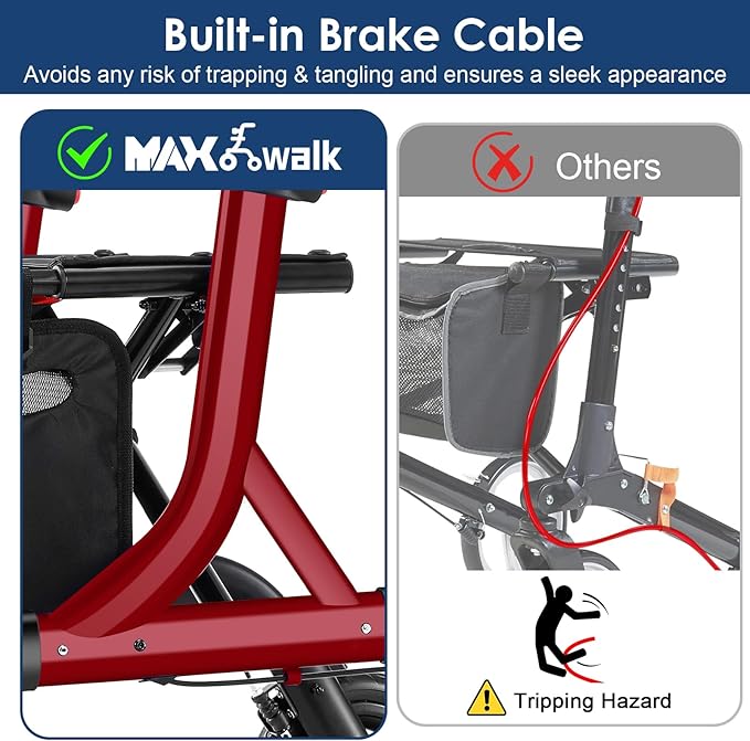Walkers for Seniors, Rollator Walker with Seat, 10" Rubber Wheels All Terrain Rollator Walker with Backrest, Aluminum Walkers Built-in Cable, Foldable and Adjustable Height for Seniors, Red