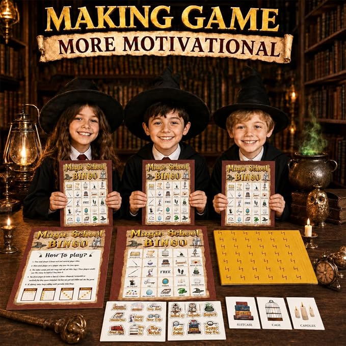 39Pcs Magic School Theme Party Bingo Game for Adults 24 Players Magical Witch Owl Bingo Cards with Reward Stickers for Family Friend Student Large Group Activities Vintage Magical Theme Party Favors