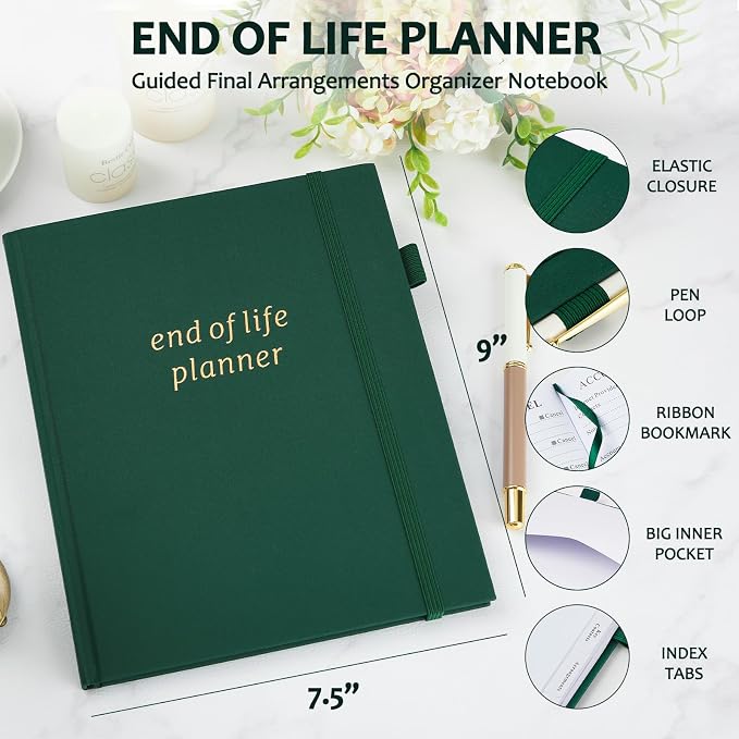 End of Life Planner, Guided Estate Planning Organizer with Tabs, Last Wish, Will Preparation, Funeral Planning, Final Arrangements Notebook for Beneficiary, in Case of Death Organizer -Dark Green
