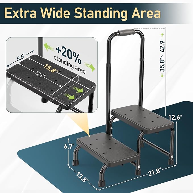 Suteck 2 Step Stool with Handle for Elderly Adults, Adjustable Handrail | 6-Leg Welded Frame, 10-Level Adjustable Handrail, Wide Non-Slip Platform, Bathroom, Kitchen, RV, Black