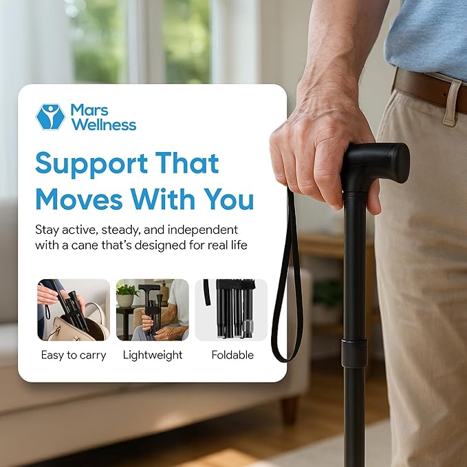 Mars Wellness Folding Cane - Adjustable Walking Cane for Women & Men - Collapsible Walking Stick for Seniors, Travel & Stability - Portable Mobility Aid