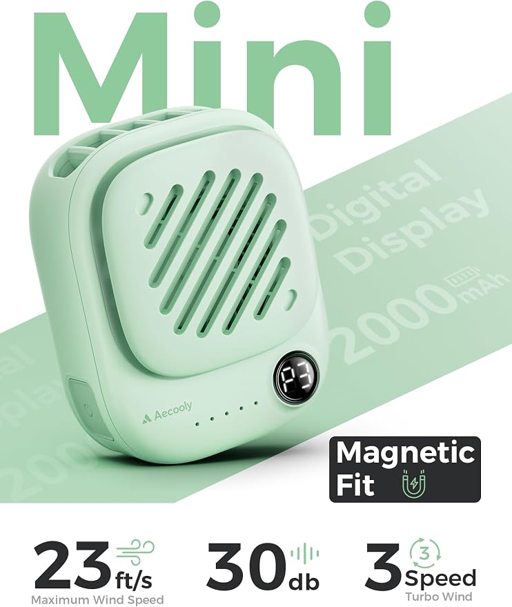 Aecooly Mini Portable Neck Fan, Mighty Hands Free Fan, Magnetic Fit | USB Rechargeable [10H Max Cooling Time], Personal Battery Powered, Pocket for Travel, Summer, Gifts for Women -Green