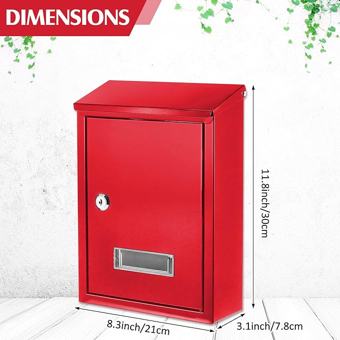 Amylove Weatherproof Mail Boxes with Key Lock, Security Locking Wall Mount Metal Mailbox with Slot for Outside, Large Capacity for Mail, Packages, Donations, Voting 11.8" H x 8.3" L x 2.8" W, Red