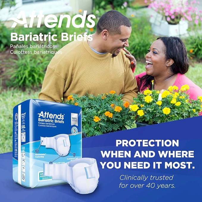 Attends Bariatric Incontinence Disposable Briefs, 3X-Large, Up to 85" Waist with Tab Closures, Ultimate Absorbency, Dry-Lock Containment Core and ConfidenceCuff Leakage Protection, 3XL 48ct Case