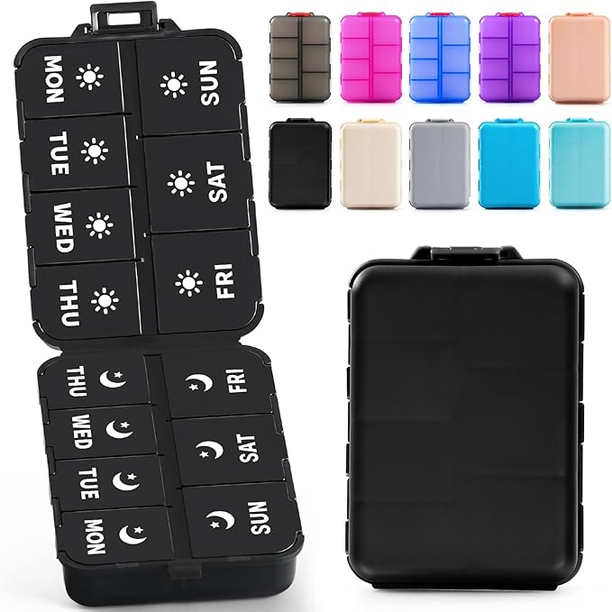 Foldable & Portable Weekly Pill Organizer 2 Times a Day with Clear Printed Labels - 7 Day AM PM Medicine Box, Week Daily Travel Pill Meds Case Holder for Medications, Vitamin, Supplement - Black