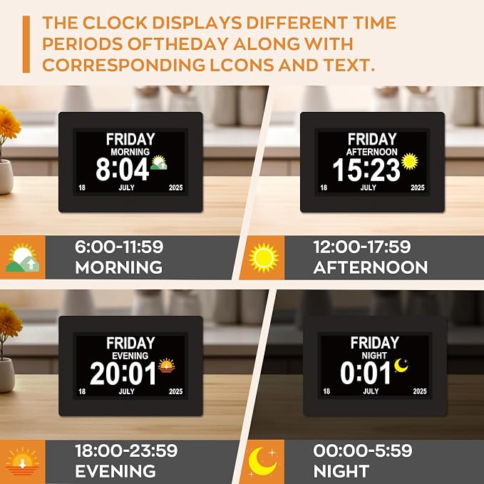 Digital Dementia Clocks for Seniors, 7 Inch, Black | Day Date Time Large Display for Poor Vision Easy Read, Medication Reminder Alarm, Spanish 10 Languages, Alzheimer Gifts