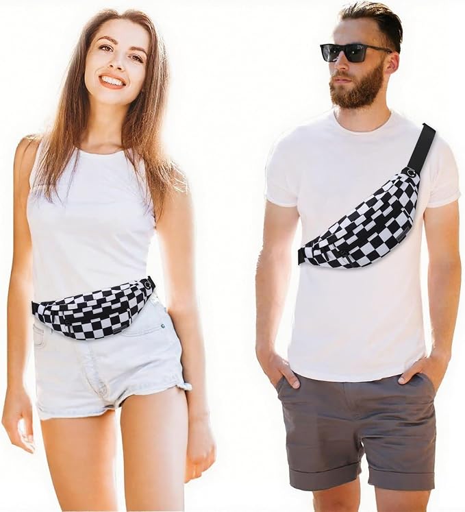 MAXTOP Large Checkered Fanny Pack Crossbody Belt Bag for Shopping Traveling | Black and White Checkered,4-Zipper Pockets,Enjoy Shopping Sports Running Casual Hands-Free Passport Waist Bag