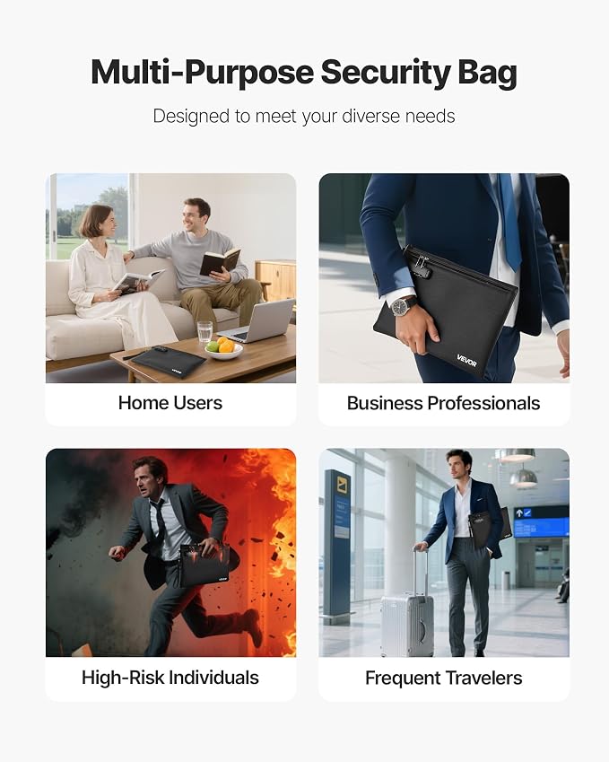 VEVOR Fireproof Document Bag, 1832 ℉ Heat Insulated Fireproof & Waterproof Bag with Lock, Portable File Storage Security Organizer Home Office Travel Use, for Passports, Important Documents & Files